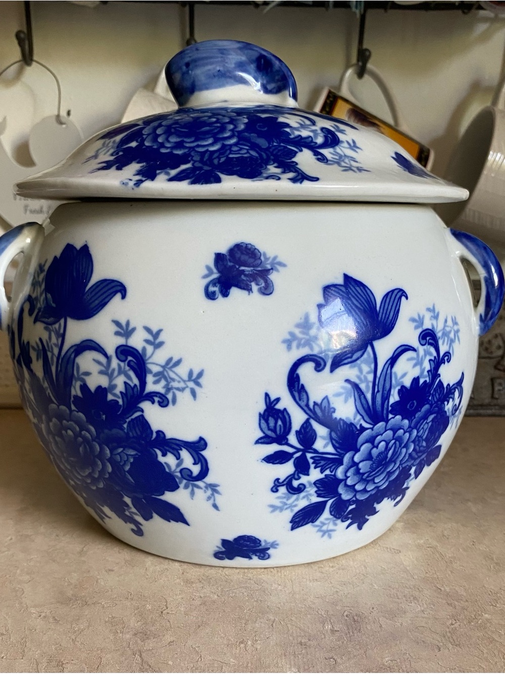Vintage World Bazaar White & Blue Floral Porcelain Decorative Storage Pot Large